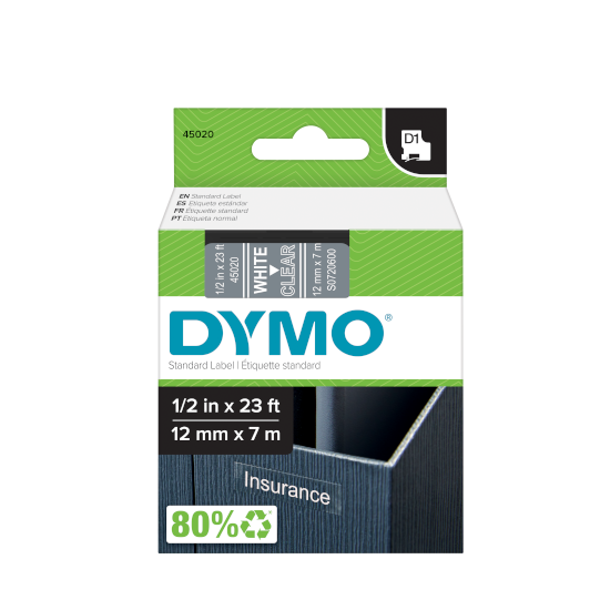 Dymo 45020 D1 Tape 12mm x 7m wit op Transparant Dymo 45020 D1 Tape 12mm x 7m wit op Transparant