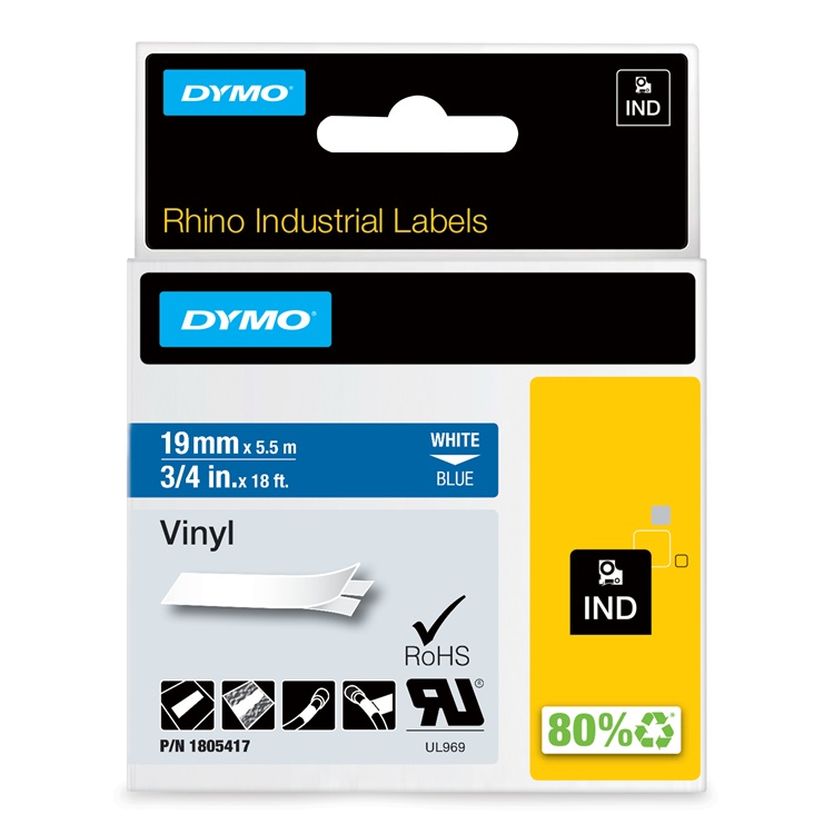 Dymo RHINO 1805417 vinyl wit op blauw 19mm Dymo RHINO 1805417 vinyl wit op blauw 19mm