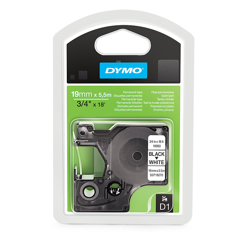 Dymo 16960 D1 Permanent Polyestertape 19mm zwart op wit