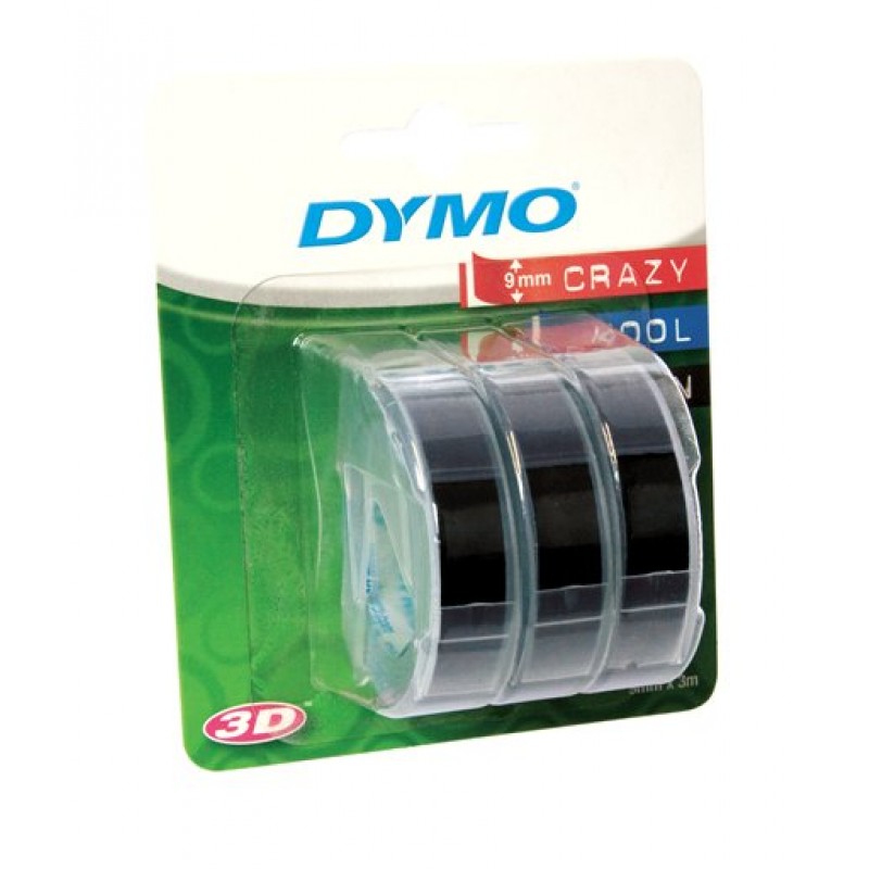 Dymo 3D reliëftape, wit op zwart, 9mm x 3 m, verpakking met 3 rol