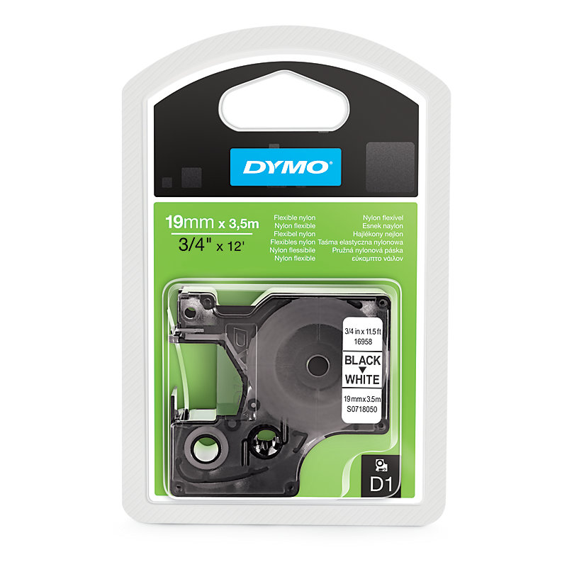 Dymo 16958 D1 flexibel nylon 19mm zwart op wit Dymo 16958 D1 flexibel nylon 19mm zwart op wit