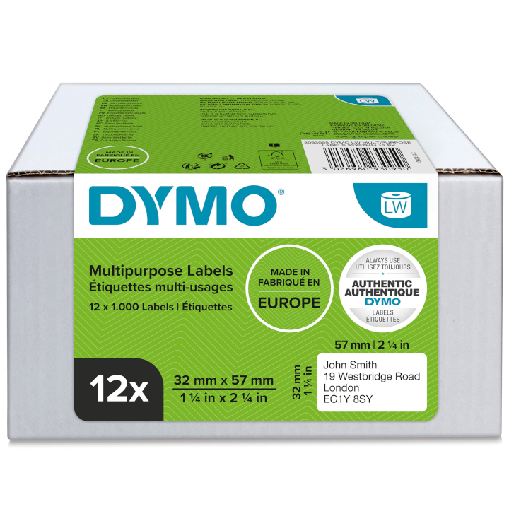 Dymo 2093095 12-pack etiket 11354, 32x57mm wit papier, verwijderbaar